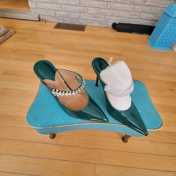 Green Slip On Mule Rhinestone Heels - Picture 5 of 10